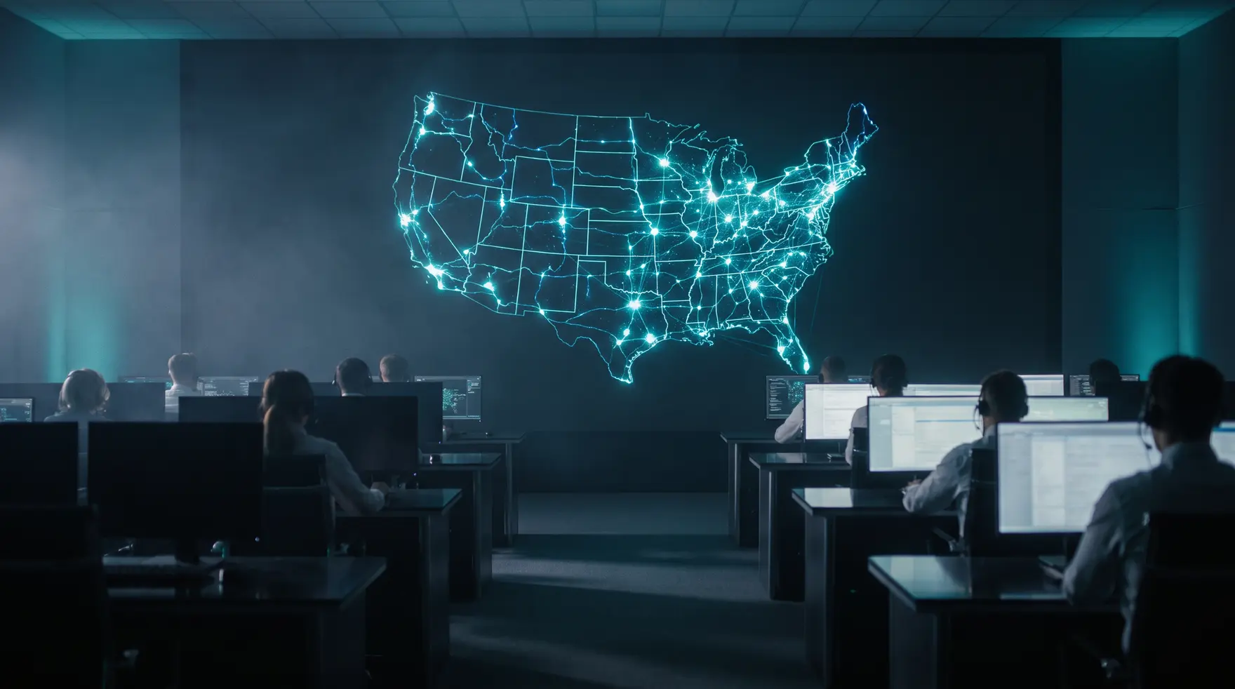 Network operations floor with a live US routing map