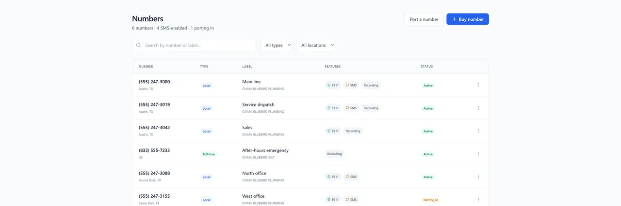 Number management dashboard: search, buy, port, and route numbers in bulk